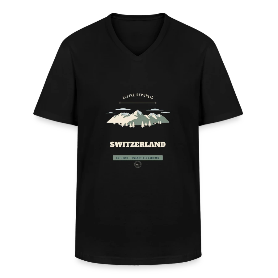 Switzerland badge on a men's v-neck t-shirt, black