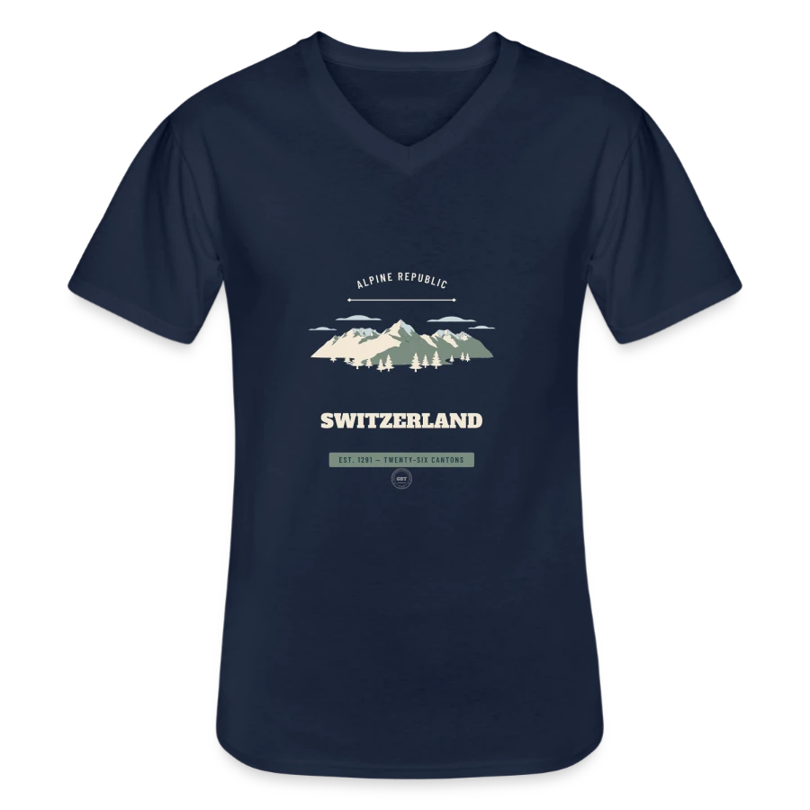 Switzerland badge on a men's v-neck t-shirt, navy