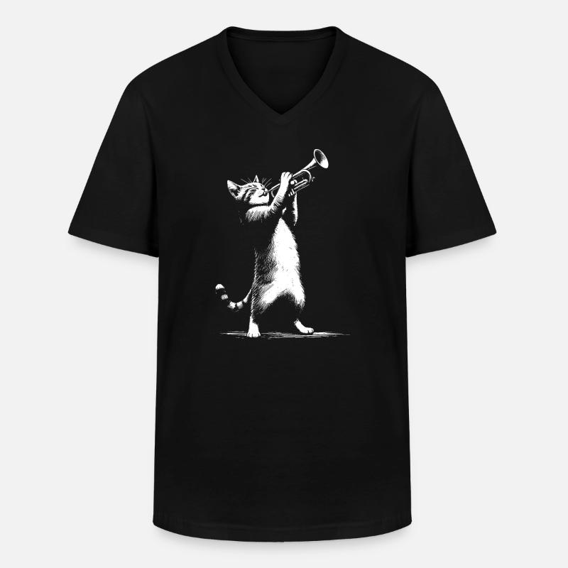 Katze mit Trompete - Männer-T-Shirt mit V-Ausschnitt - Schwarz