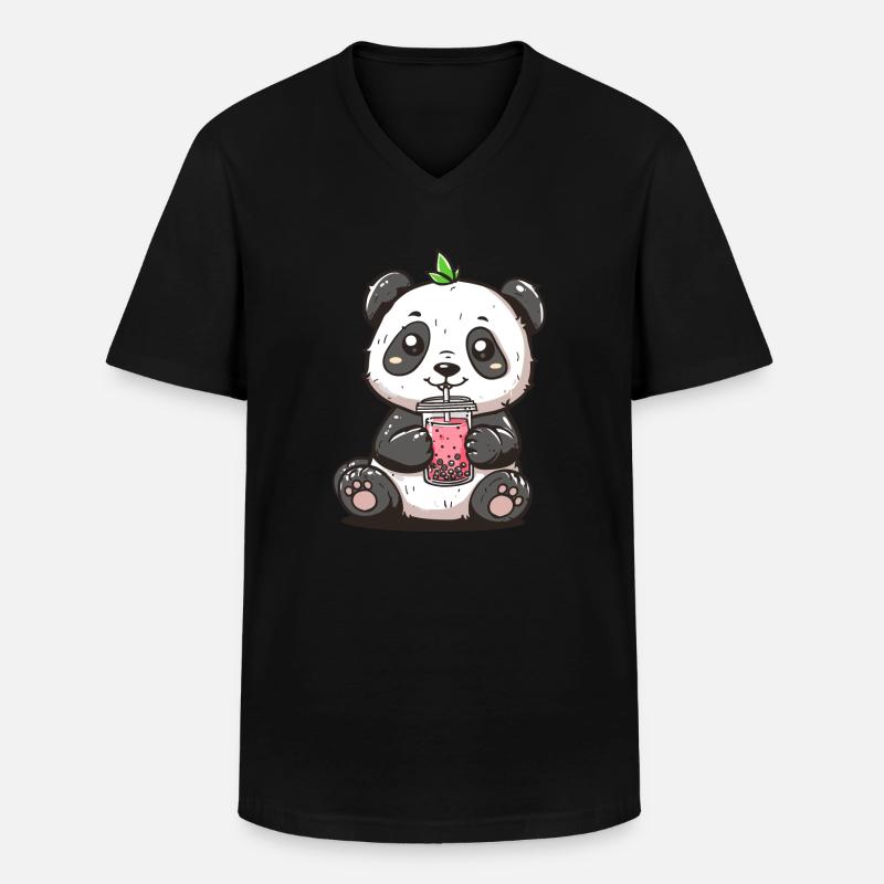 Niedlicher Panda mit Tee - Männer-T-Shirt mit V-Ausschnitt - Schwarz
