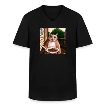 Cat with tongue outstretched eats on balcony - Men's V-Neck T-Shirt - black - Front - AI Model Male 178 dark (178cm)
