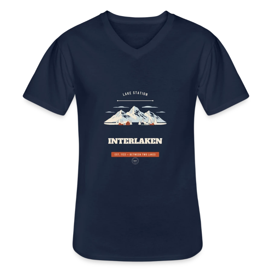 Interlaken badge on a men's v-neck t-shirt, navy