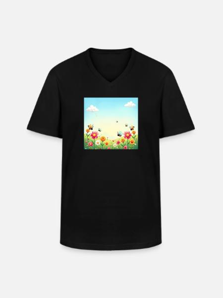 Forår farverig insektparade – Sea of Flowers Sun - Klassisk herre T-shirt med V-udskæring - sort