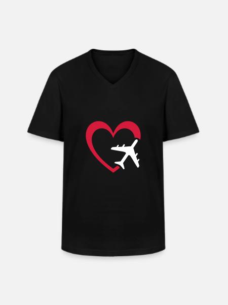 Plane and heart - Men's V-Neck T-Shirt - black