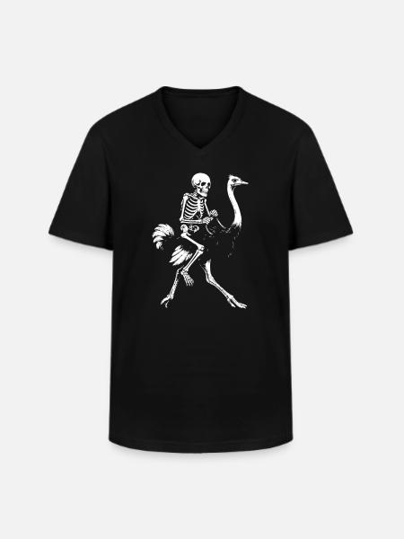 Eerie Skeleton on Flying Ostrich Illustration - Men's V-Neck T-Shirt - black