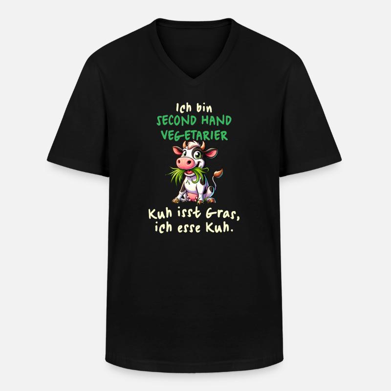 Second Hand Vegetarier – Lustiges Kuh-Design - Männer-T-Shirt mit V-Ausschnitt - Schwarz