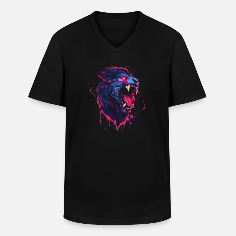 Synthwave Lion - Männer-T-Shirt mit V-Ausschnitt - Schwarz