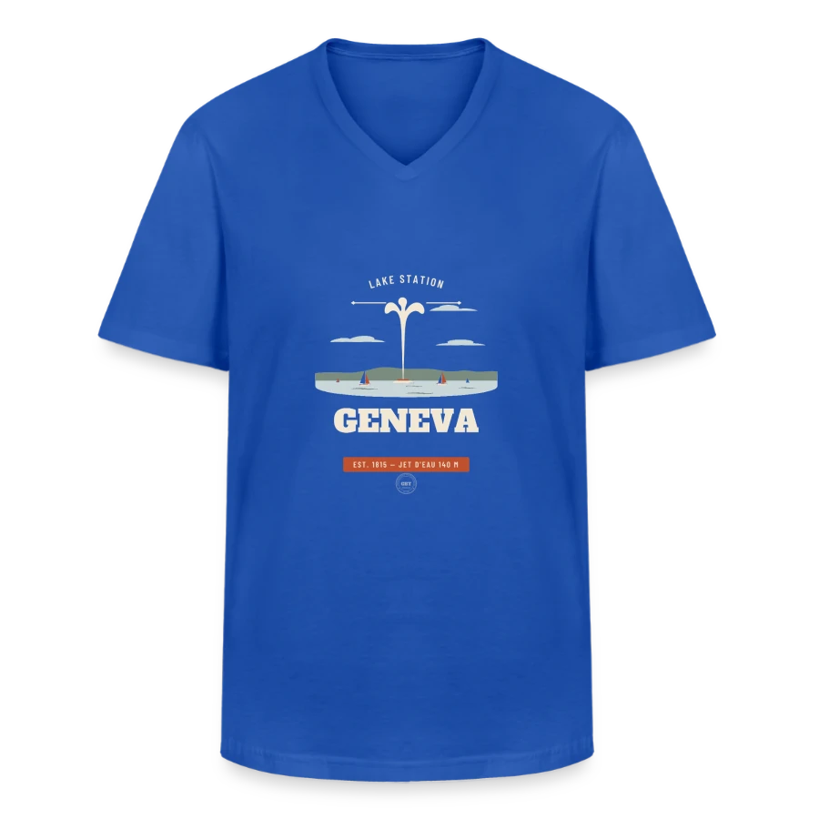 Geneva badge on a men's v-neck t-shirt, royal blue