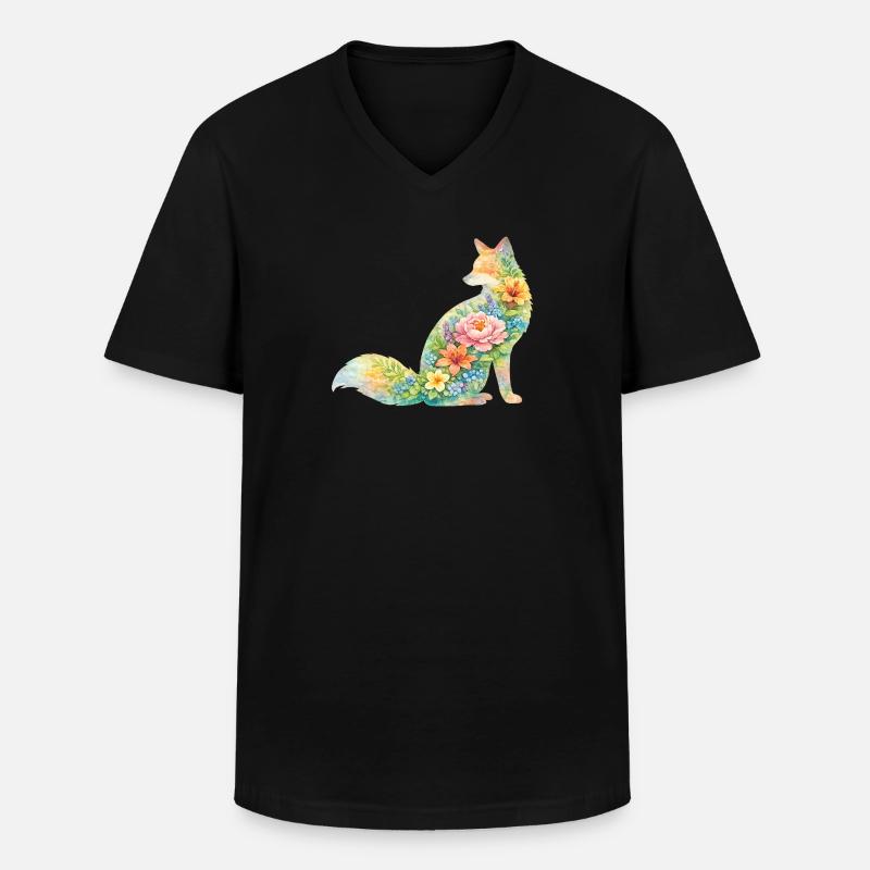 Fuchs Aquarell Silhouette Blumen - Männer-T-Shirt mit V-Ausschnitt - Schwarz