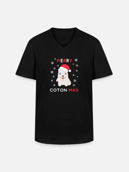 Merry Coton Mas - Funny Christmas Coton de Tulear - Klassisk herre T-shirt med V-udskæring - sort