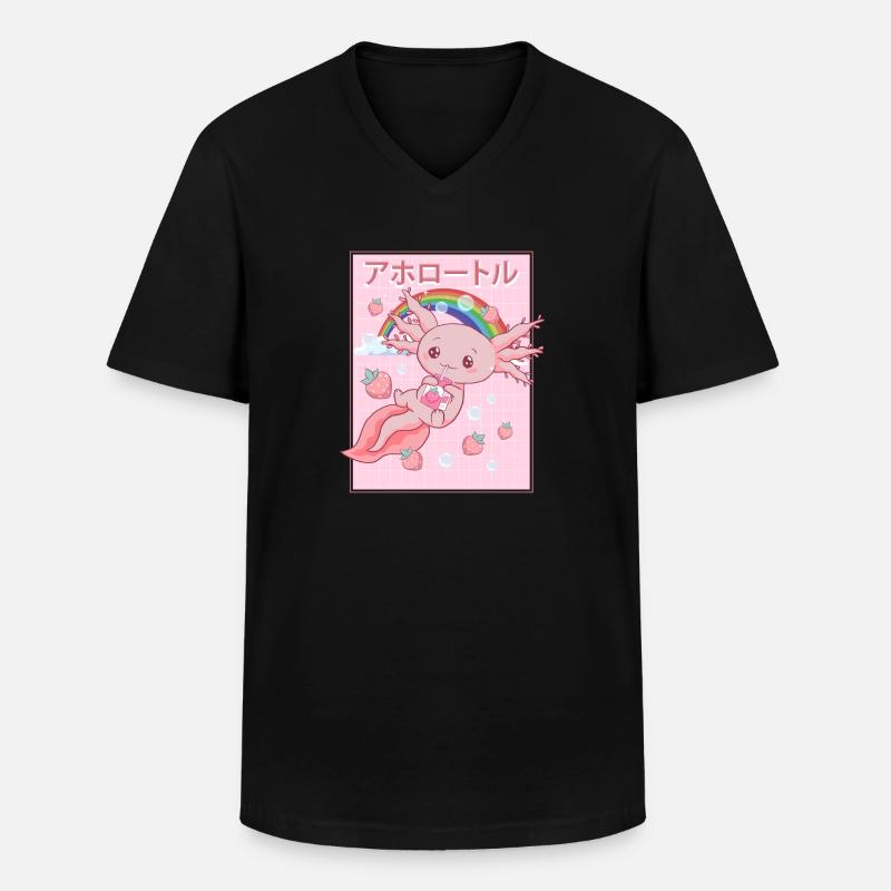 Kawaii Axolotl Erdbeermilch - Männer-T-Shirt mit V-Ausschnitt - Schwarz