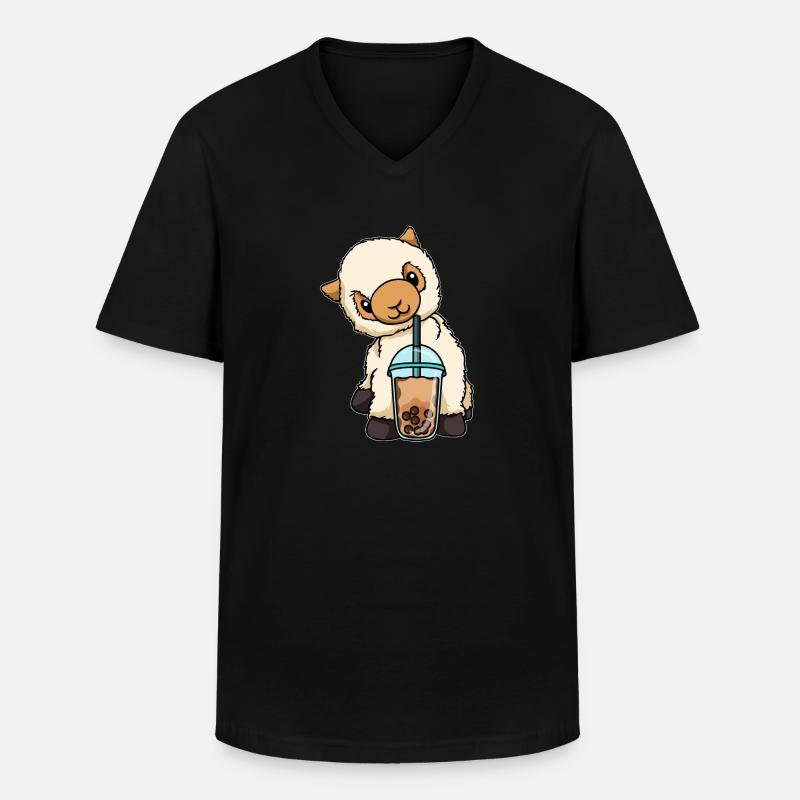 Kawaii Bubble Tea Lama - Männer-T-Shirt mit V-Ausschnitt - Schwarz