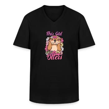 Mädchen mag Otter niedliche Tierblumen - Männer-T-Shirt mit V-Ausschnitt - Schwarz - Vorne - AI Model Male 178 dark (178cm)