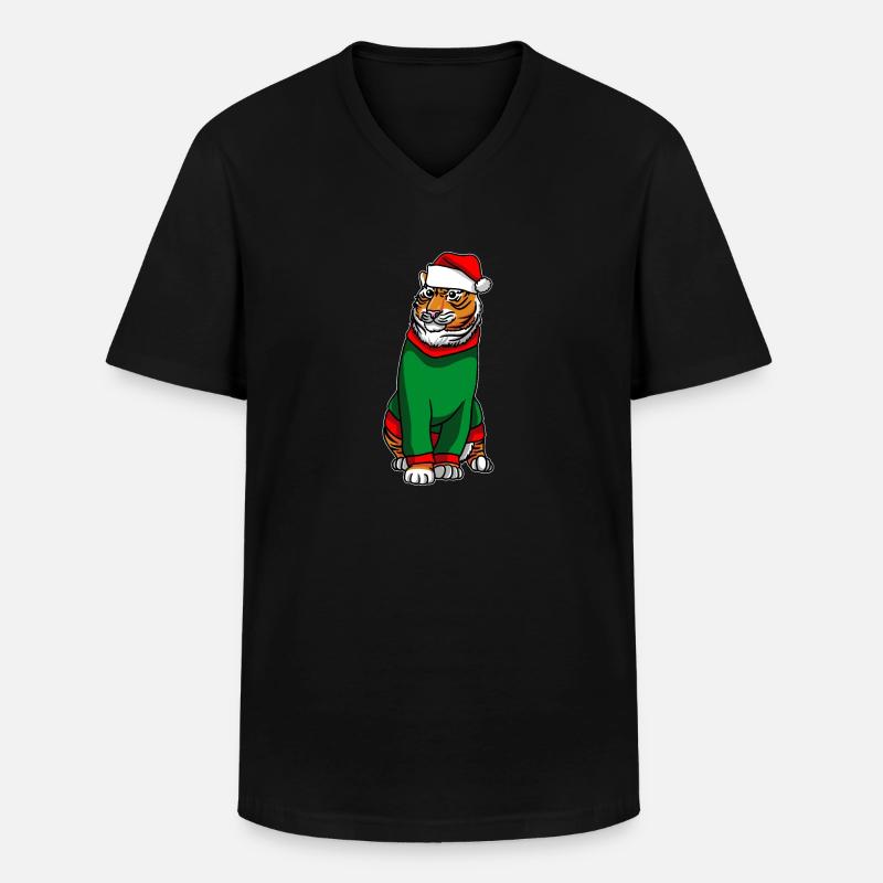 Tigre avec pull de Noël - T-shirt col V Homme - noir