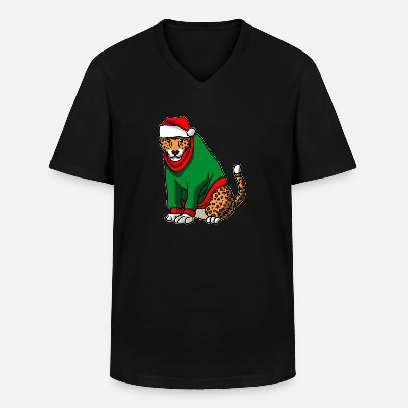 Léopard avec pull de Noël - T-shirt col V Homme - noir
