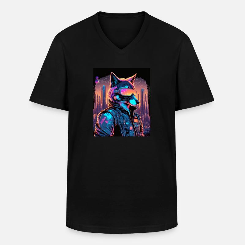 Retro Futuristic Synthwave Fox - Männer-T-Shirt mit V-Ausschnitt - Schwarz