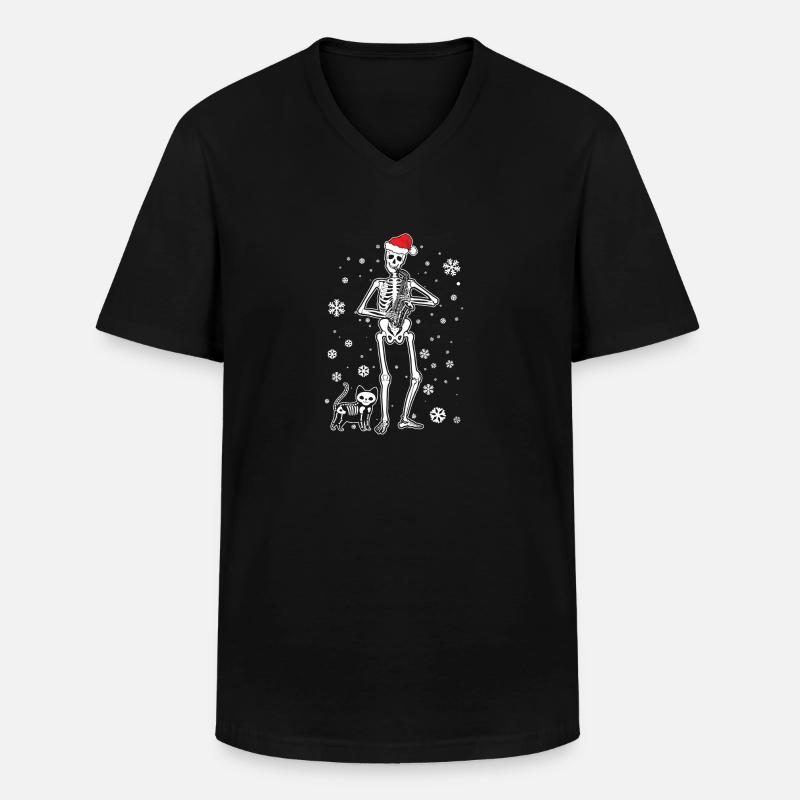 Skeleton Saxophone Cat - Männer-T-Shirt mit V-Ausschnitt - Schwarz