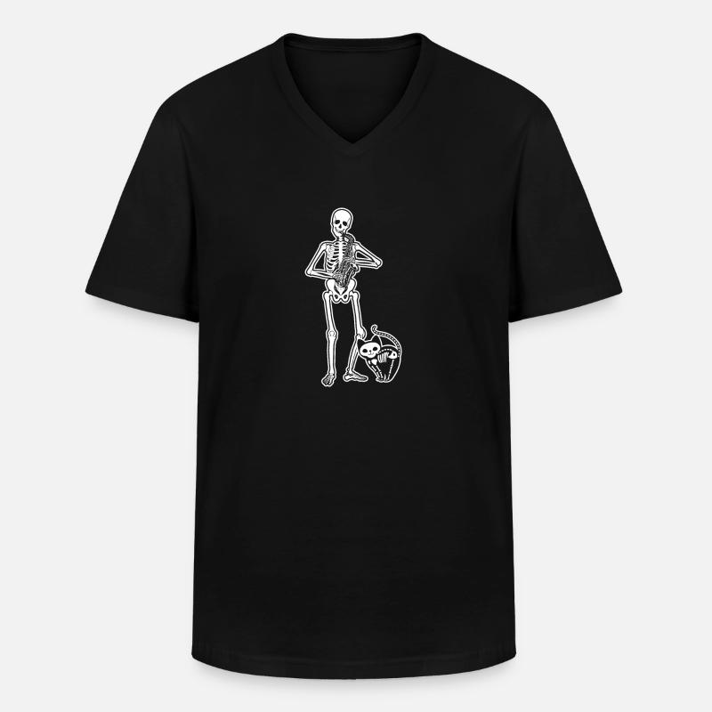 Skeleton Saxophone Cat - Männer-T-Shirt mit V-Ausschnitt - Schwarz