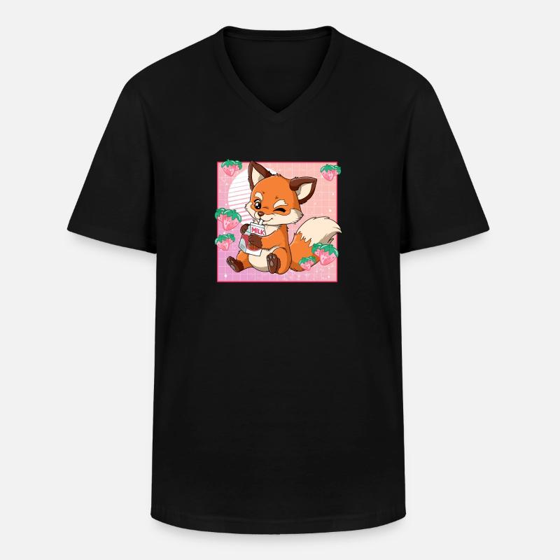 Kawaii Fuchs Erdbeermilch - Männer-T-Shirt mit V-Ausschnitt - Schwarz