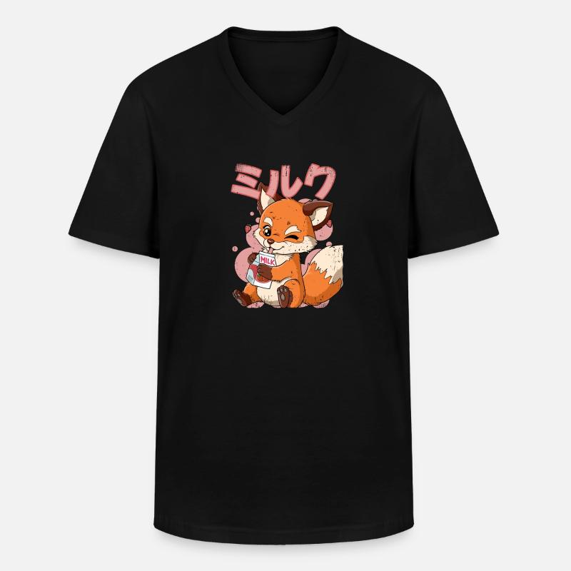Kawaii Fuchs Erdbeermilch - Männer-T-Shirt mit V-Ausschnitt - Schwarz