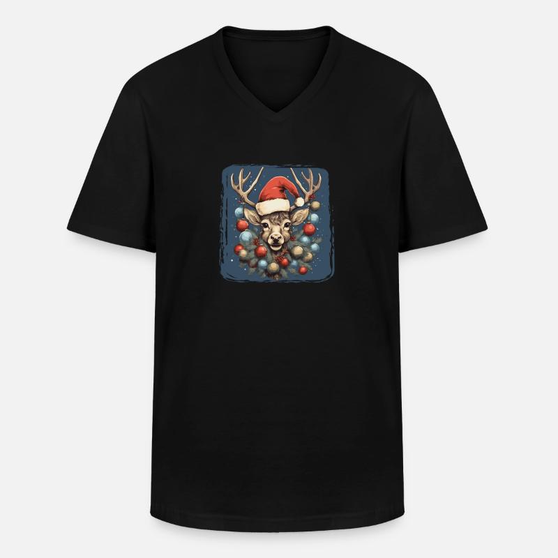 Rentier mit Weihnachtskugeln und Mütze - Männer-T-Shirt mit V-Ausschnitt - Schwarz