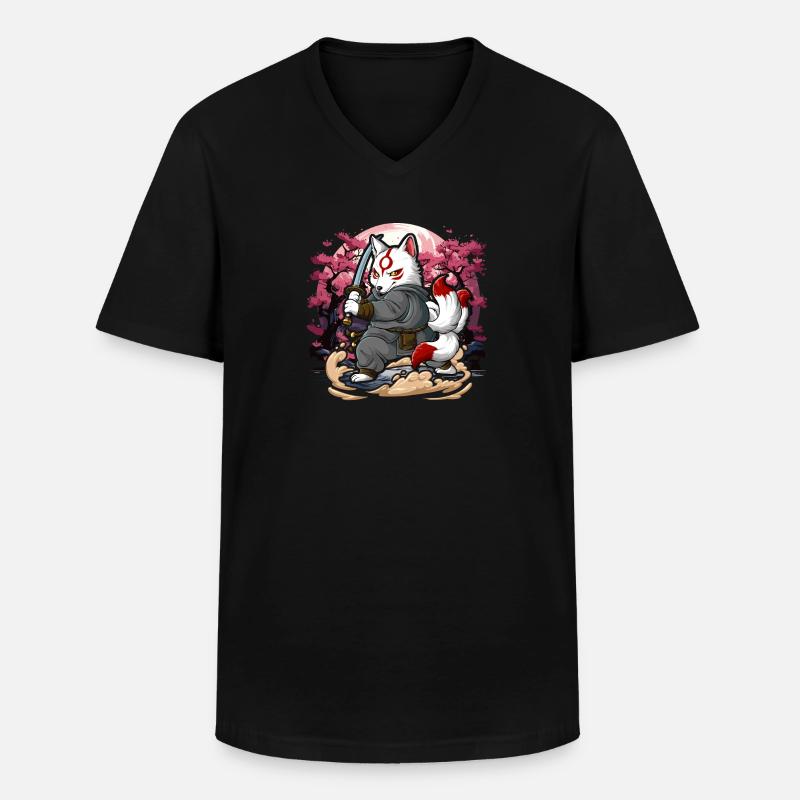 Samurai Kitsune - Männer-T-Shirt mit V-Ausschnitt - Schwarz