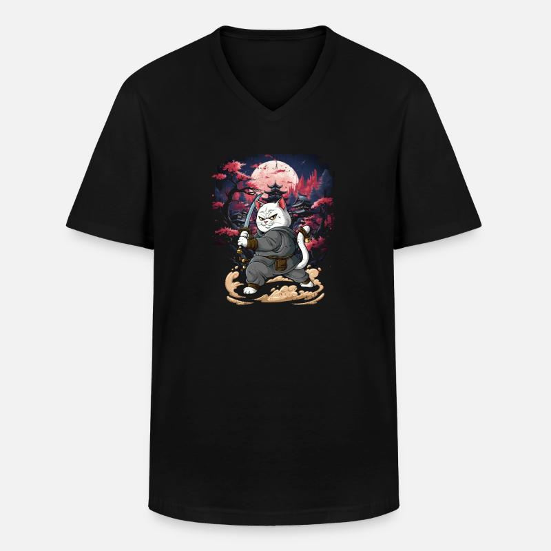 Samurai Katze - Männer-T-Shirt mit V-Ausschnitt - Schwarz