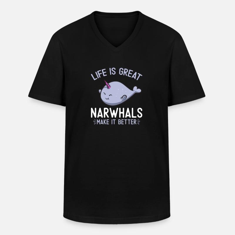Narwal Einhornwal - Männer-T-Shirt mit V-Ausschnitt - Schwarz