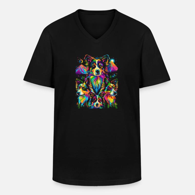 Border Collie Cane Montagna Foresta Pop Art - Maglietta da uomo classica con scollo a V - nero