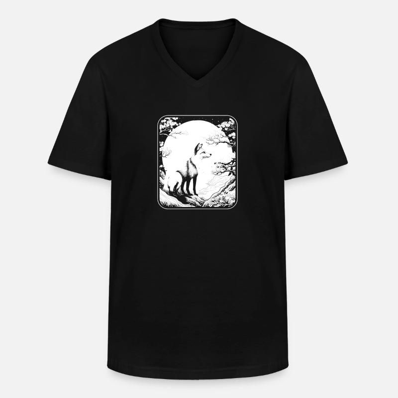 Fuchs Japan Cherry Blossom Moon - Männer-T-Shirt mit V-Ausschnitt - Schwarz