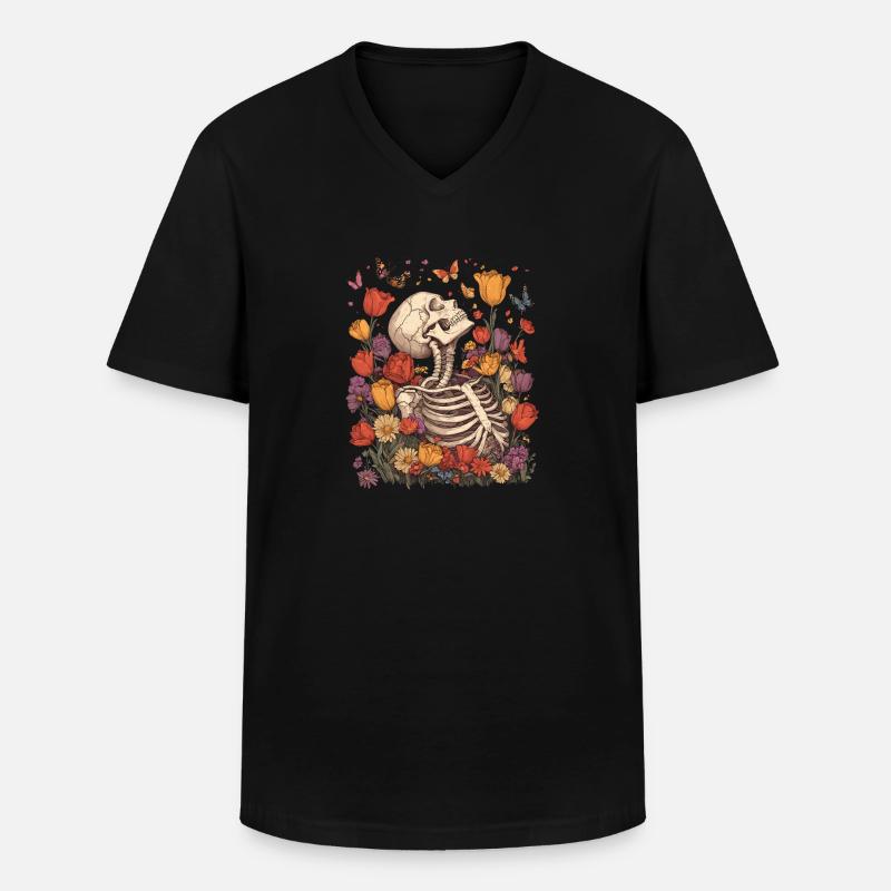 Skelett Blumen - Männer-T-Shirt mit V-Ausschnitt - Schwarz