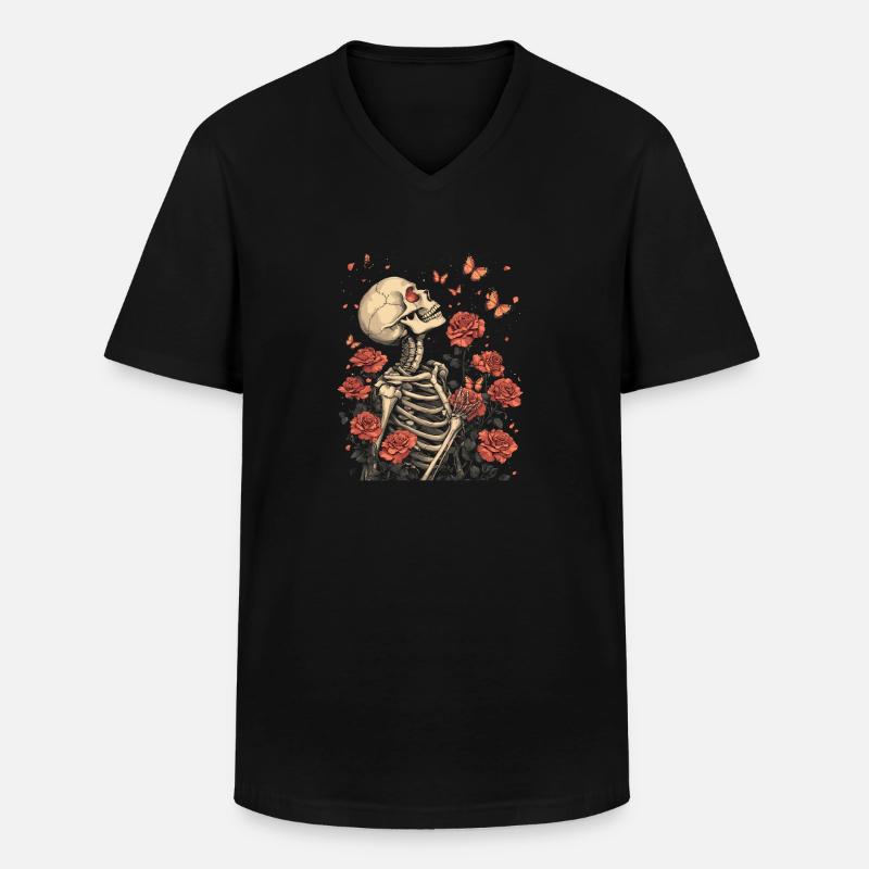 Skelett Blumen - Männer-T-Shirt mit V-Ausschnitt - Schwarz