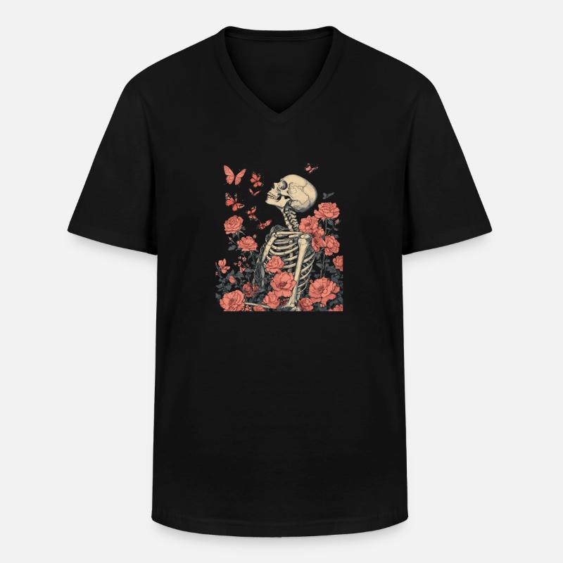 Skelett Blumen - Männer-T-Shirt mit V-Ausschnitt - Schwarz