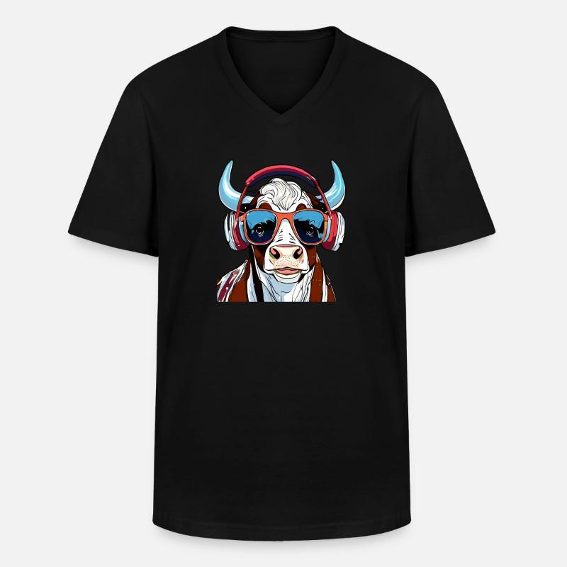 KUH MIT SONNENBRILLE - Männer-T-Shirt mit V-Ausschnitt - Schwarz