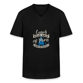 LE DÉJEUNER TUE LA MOITIÉ DU SOUPER PARISIEN L’AUTRE MOITIÉ - T-shirt col V Homme - noir - Devant - AI Model Male 178 dark (178cm)