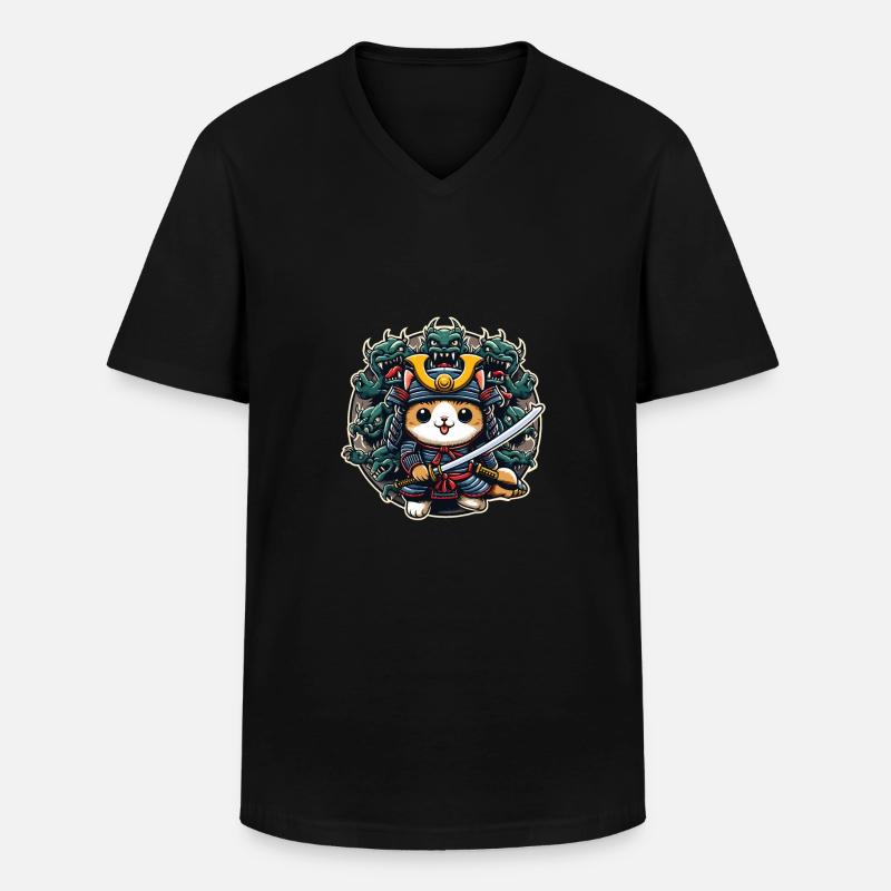 Samurai-Ninja-Katze und Monster dahinter - Männer-T-Shirt mit V-Ausschnitt - Schwarz