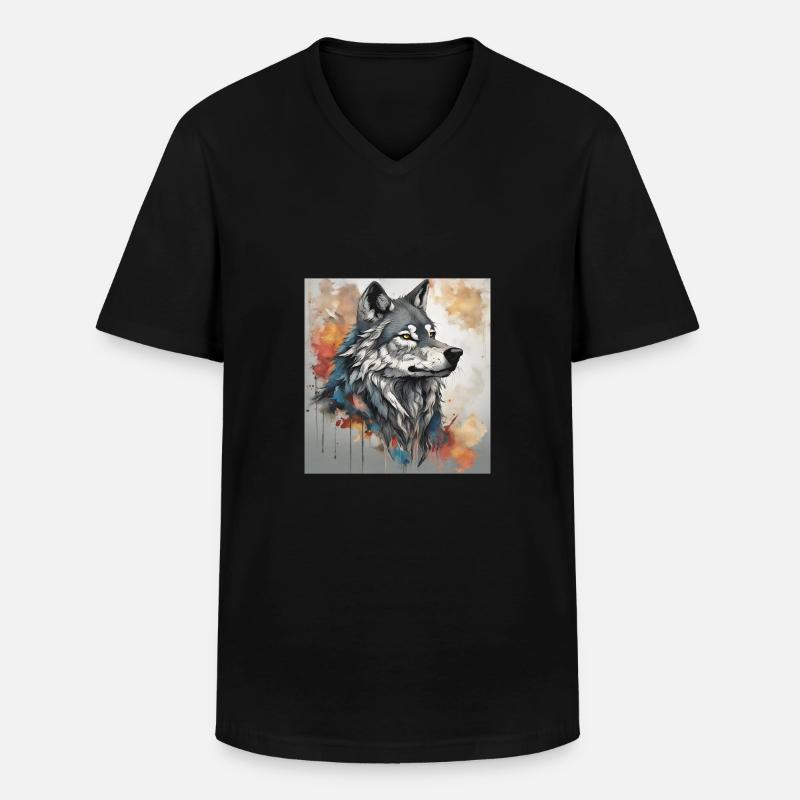 Wolf mit Farbflecken Hintergrund. - Männer-T-Shirt mit V-Ausschnitt - Schwarz
