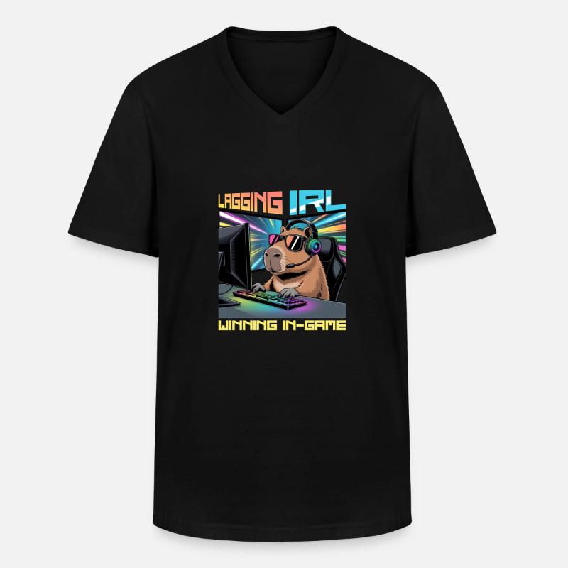 Capybara PC Gamer Gaming - Männer-T-Shirt mit V-Ausschnitt - Schwarz