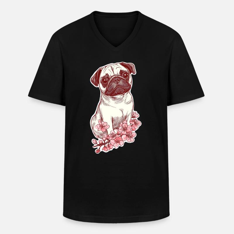 Mops mit Blüten - Männer-T-Shirt mit V-Ausschnitt - Schwarz