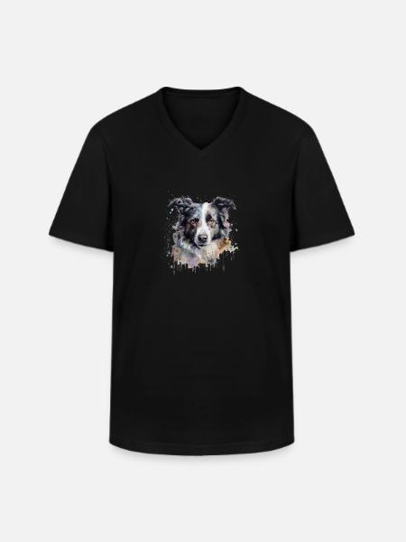 Border Collie - T-shirt col V Homme - noir