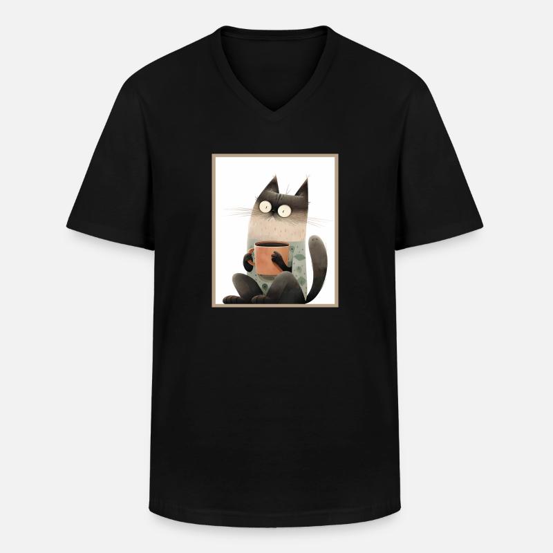 Katze mit Kaffeetasse - Männer-T-Shirt mit V-Ausschnitt - Schwarz