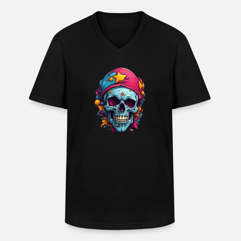 Dekorativer bunter Skull - Männer-T-Shirt mit V-Ausschnitt - Schwarz