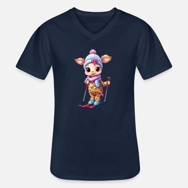 Skiing Giraffe - Funny Comic Design - Men's V-Neck T-Shirt - navy