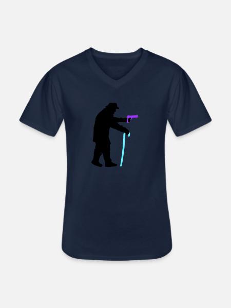 Grandpa robber silhouette with walking stick and gun - Men's V-Neck T-Shirt - navy