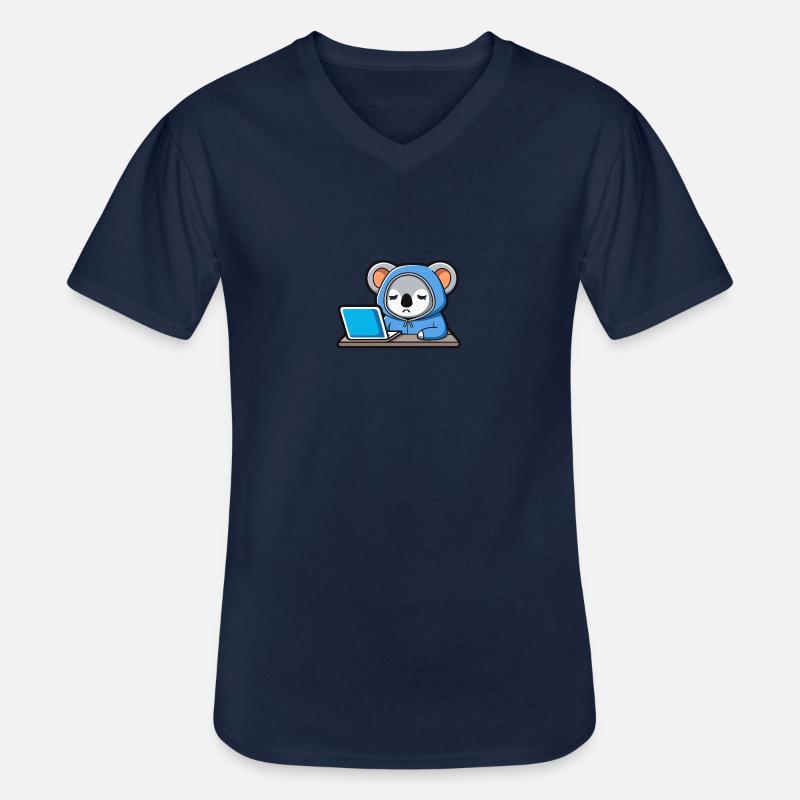 Un mignon koala hacker dort dans un sweat à capuche devant le PC - T-shirt col V Homme - marine