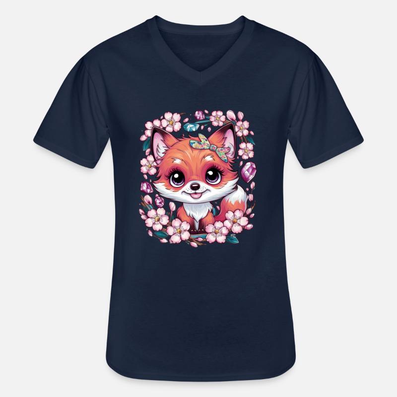 Kawaii Fuchs mit Sakura Kirschblüten - Männer-T-Shirt mit V-Ausschnitt - Navy