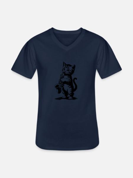 Cat with Saxophone Funny Sax - Men's V-Neck T-Shirt - navy
