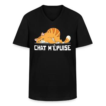 Chat m'épuise Cadeau Humour Chat Chaton - T-shirt col V Homme - noir - Devant - AI Model Male 178 dark (178cm)