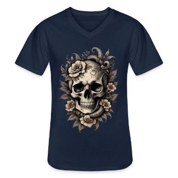 Vintage Sepia Totenkopf Schädel Original Blumen - Männer-T-Shirt mit V-Ausschnitt - Navy - Vorne - AI Model Male 178 dark (178cm)