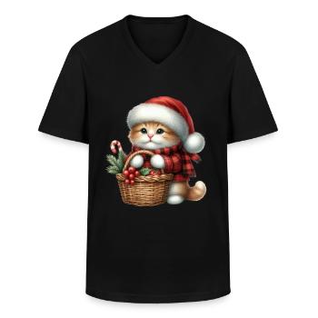 Christmas cat with basket and hat - Men's V-Neck T-Shirt - black - Front - AI Model Male 178 dark (178cm)